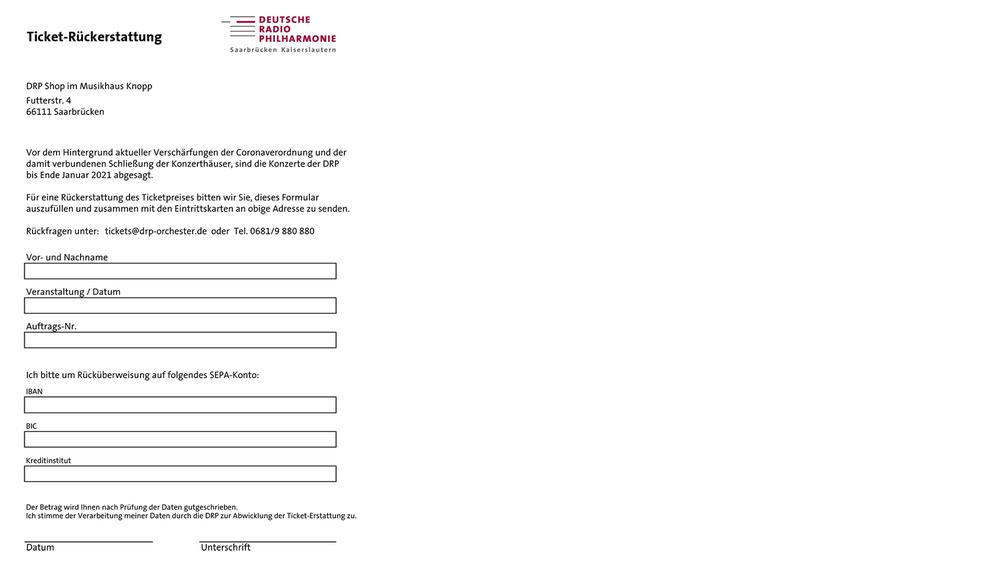 DRPOrchester Informationen zur TicketRückgabe